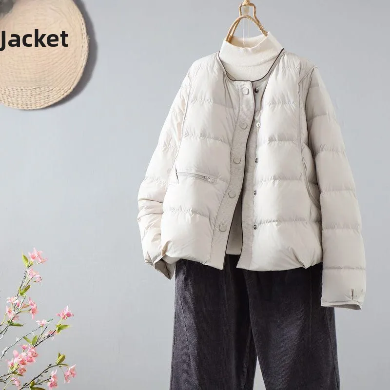 

Lightweight Duck down Jacket Women's Casual round Neck Loose Fit Fashionable Winter Outerwear Sweet Style Short Length