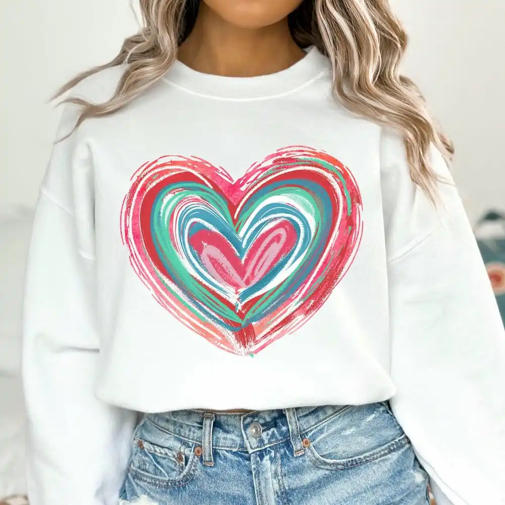 Valentines Day Heart Sweatshirt Brushstroke Pink Love Shirt Daily Casual Roundneck Fleece Unisex Sweatshirt Y2K Streetwear