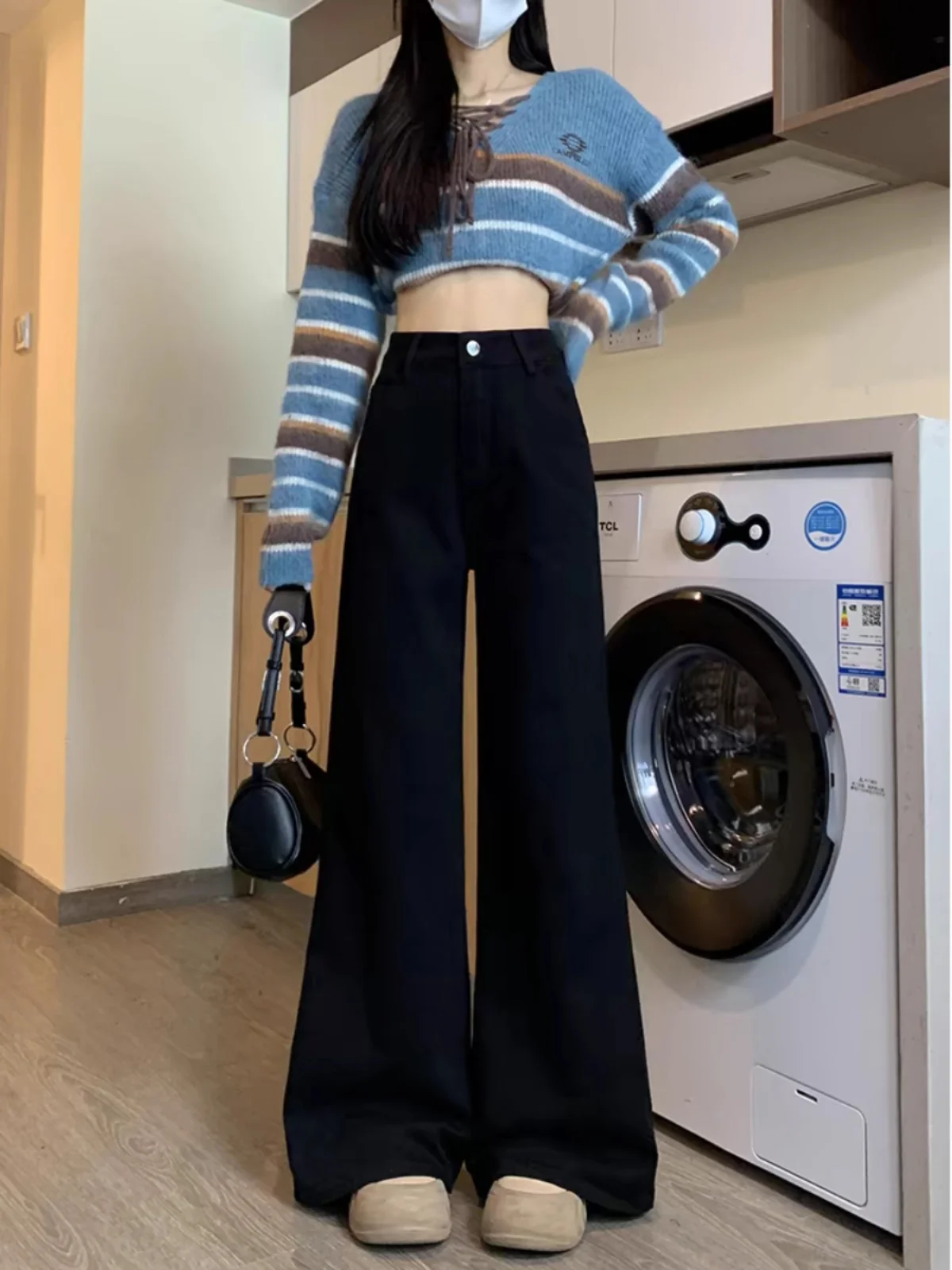 American High Street Loose Fit High Waist Wide Leg Denim Jeans Women's Small Size Black Slim Straight Floor-Length Pants