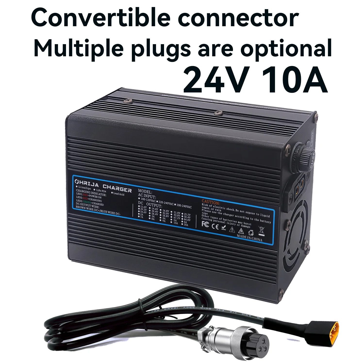

Convertible Connector 24V 10A Lead Acid Battery Charger For 2 strings 27.6V Smart Charging High-Capacity Batteries Fan cooling