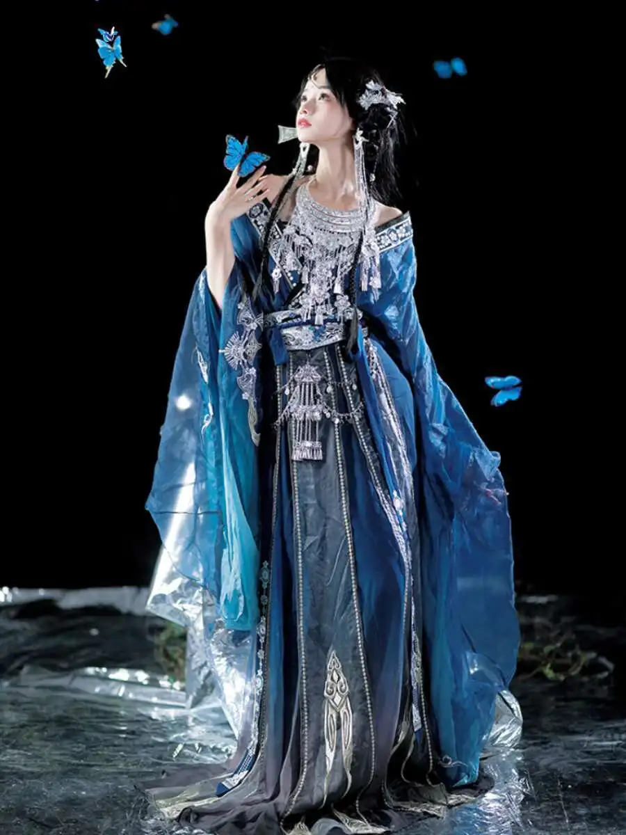 

New Hanfu Female Women Miaojiang Young Girl Embroidery Big Sleeve Waist Length Skirt Chinese Style Nationality Suit Cos Cosplay
