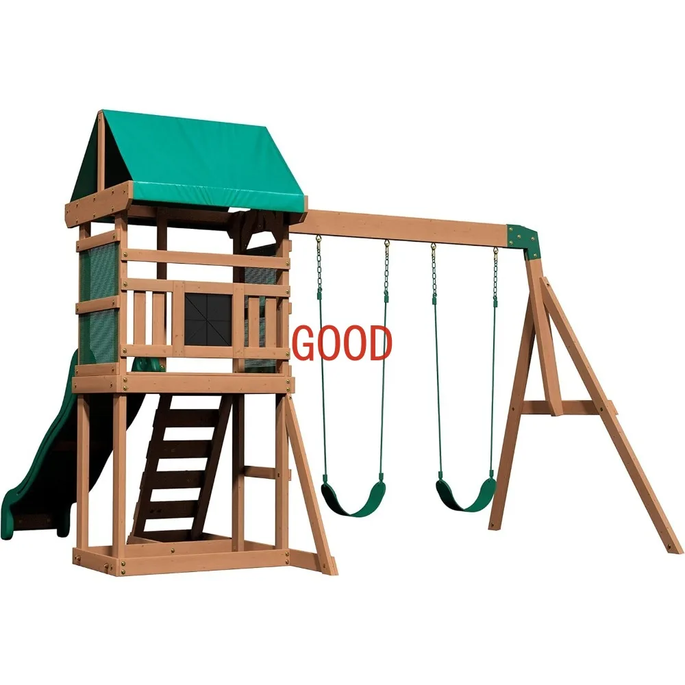 Buckley Hill Wooden Swing Set, Made for Small Yards and Younger Children, Two Belt Swings