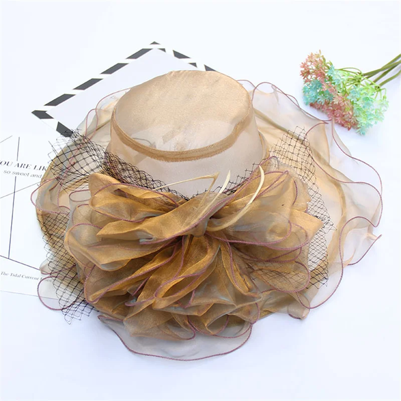 Big Organza Flower Sun Hats for Women, Beach Holiday Wide Brim Tea Party Hat Elegant Ladies Church Kentucky Derby Headwear