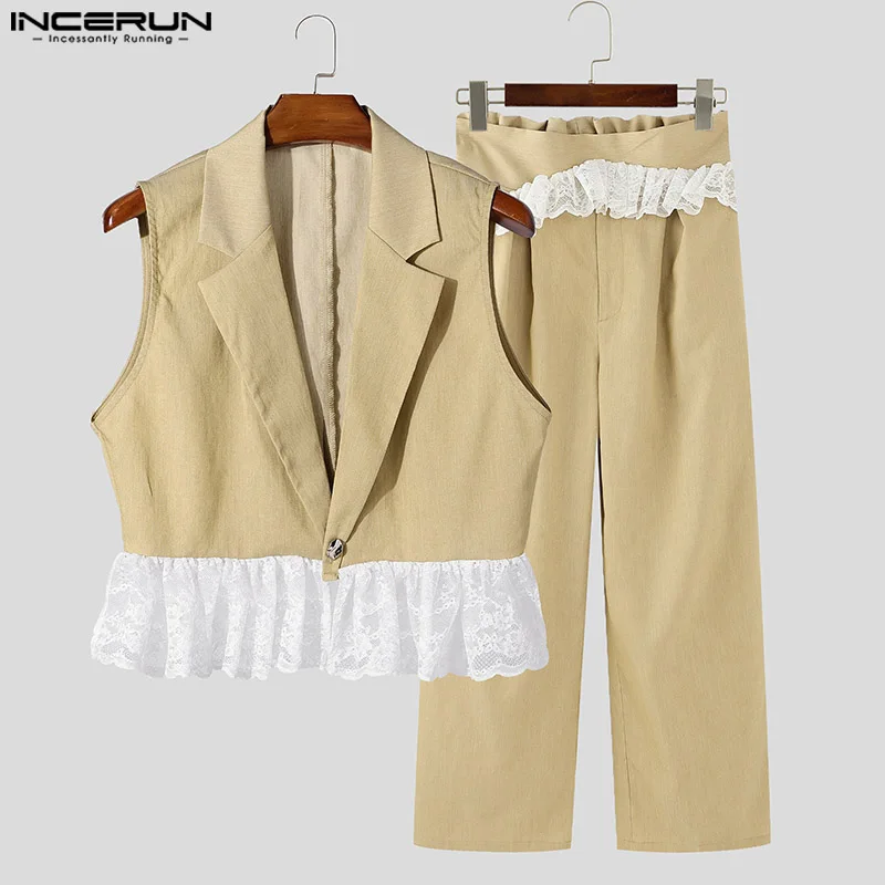 

INCERUN 2025 American Style Sets Fashion Men Sexy Lace Patchwork Cropped Vests Pants Casual Streetwear Male Two-piece Sets S-5XL
