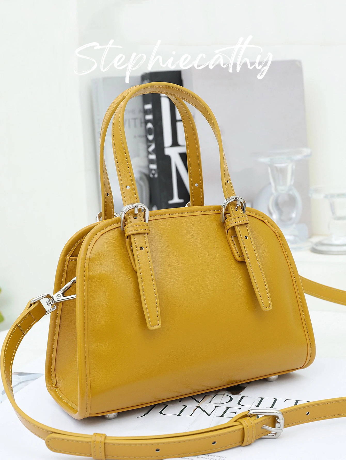 

SC Women Fashion Real Leather Top-handle Bag Elegant Chic Shell Handbag Portable Cross body Shoulder Purse Daily Commute Travel