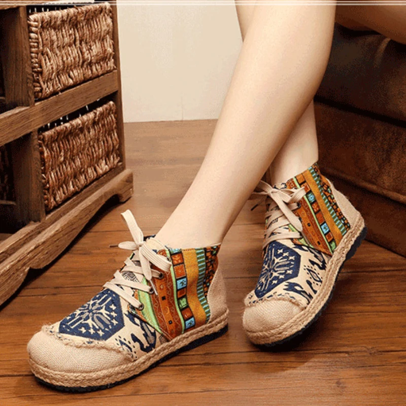 Women Ethnic Style Ankle Boots Spring Autumn Retro Round Toe Lace Up High Top Shoes Lace Up Anti-slip Linen Flats Botas Mujer