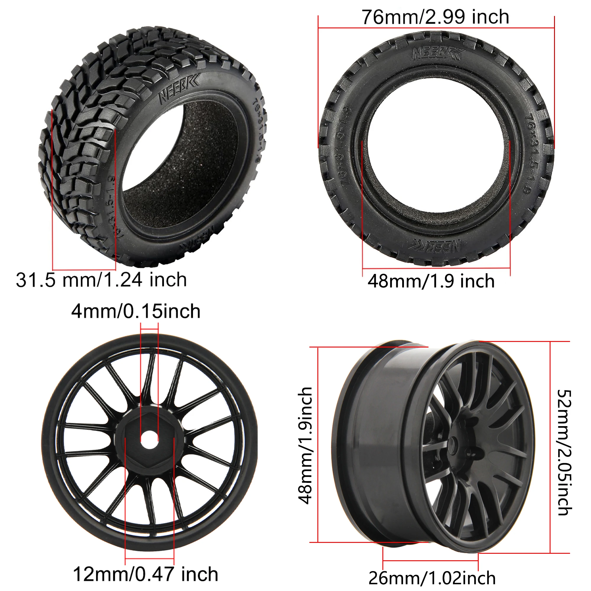 1.9 inch 75mm Off Road Buggy Tires Wheel 12mm Hex Hubs Rubber for 1/14 1/16 1/10 RC Car Wltoys 144001 Scx10 Traxxas Trx-4 Tamiya