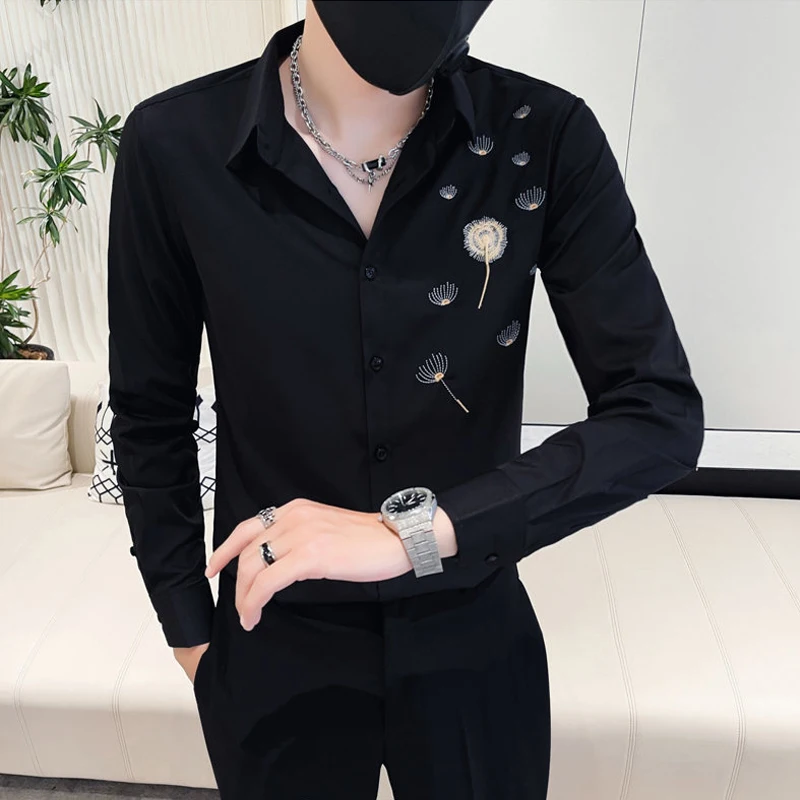 

Trendy Men's Long-sleeved Shirt Luxury Fashion Dandelion Embroidery Slim Men Tuxedo Shirts Wedding Party Social Casual Shirts