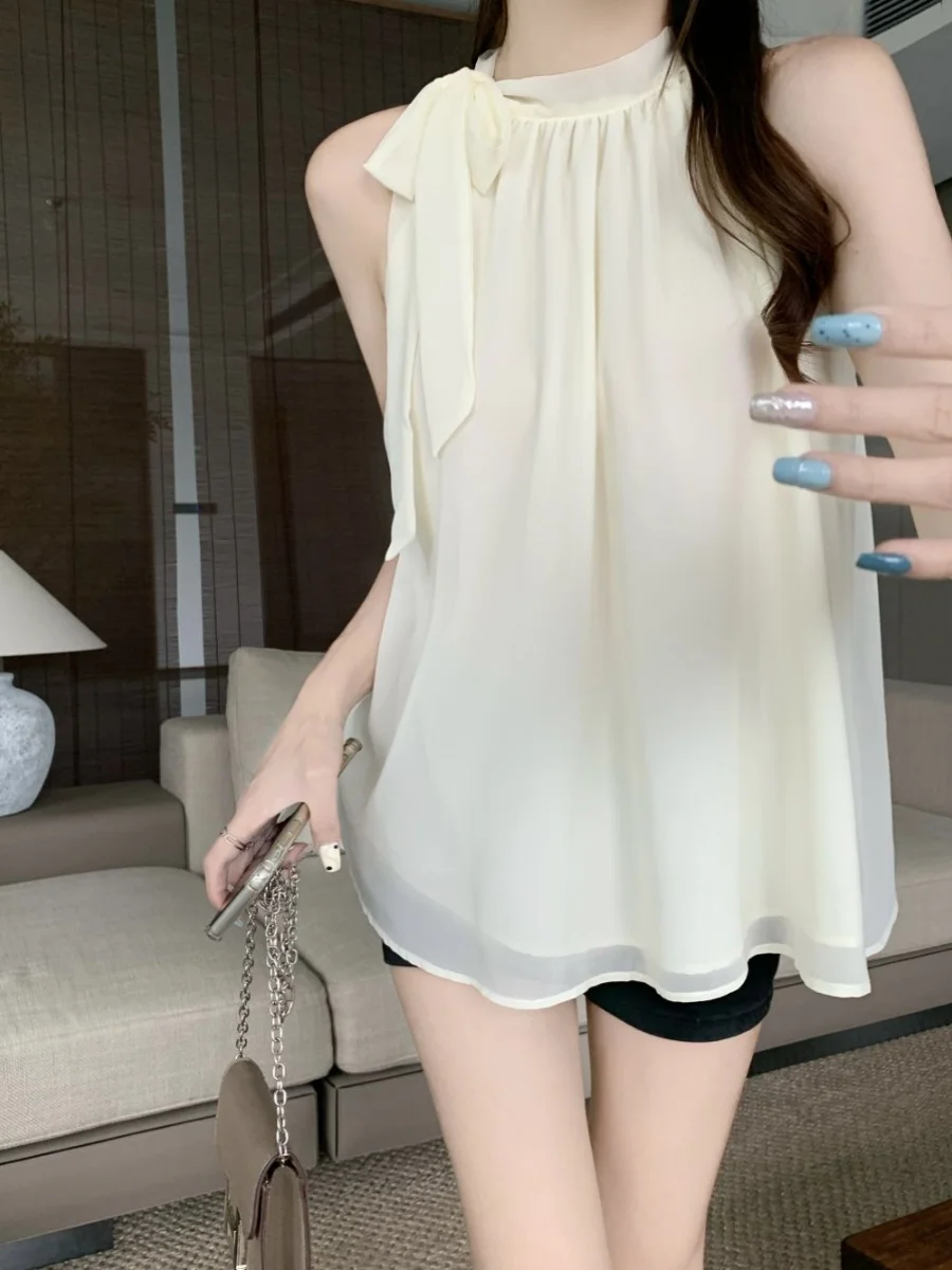 

Женский свободный топ с открытыми плечами Sweet Sle, летний модный шифоновый жилет с запахом и веревкой, висящий дизайн, полиэфирное волокно