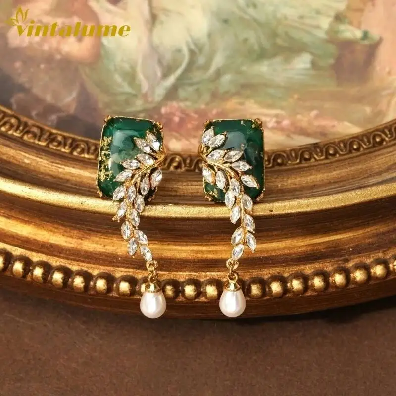 

Серьги-подвески Vintalume CZ Sparkle Leaf Pearl Teardrop Charm для женщин, эмалевые изящные серьги, подарок на вечеринку, модные украшения