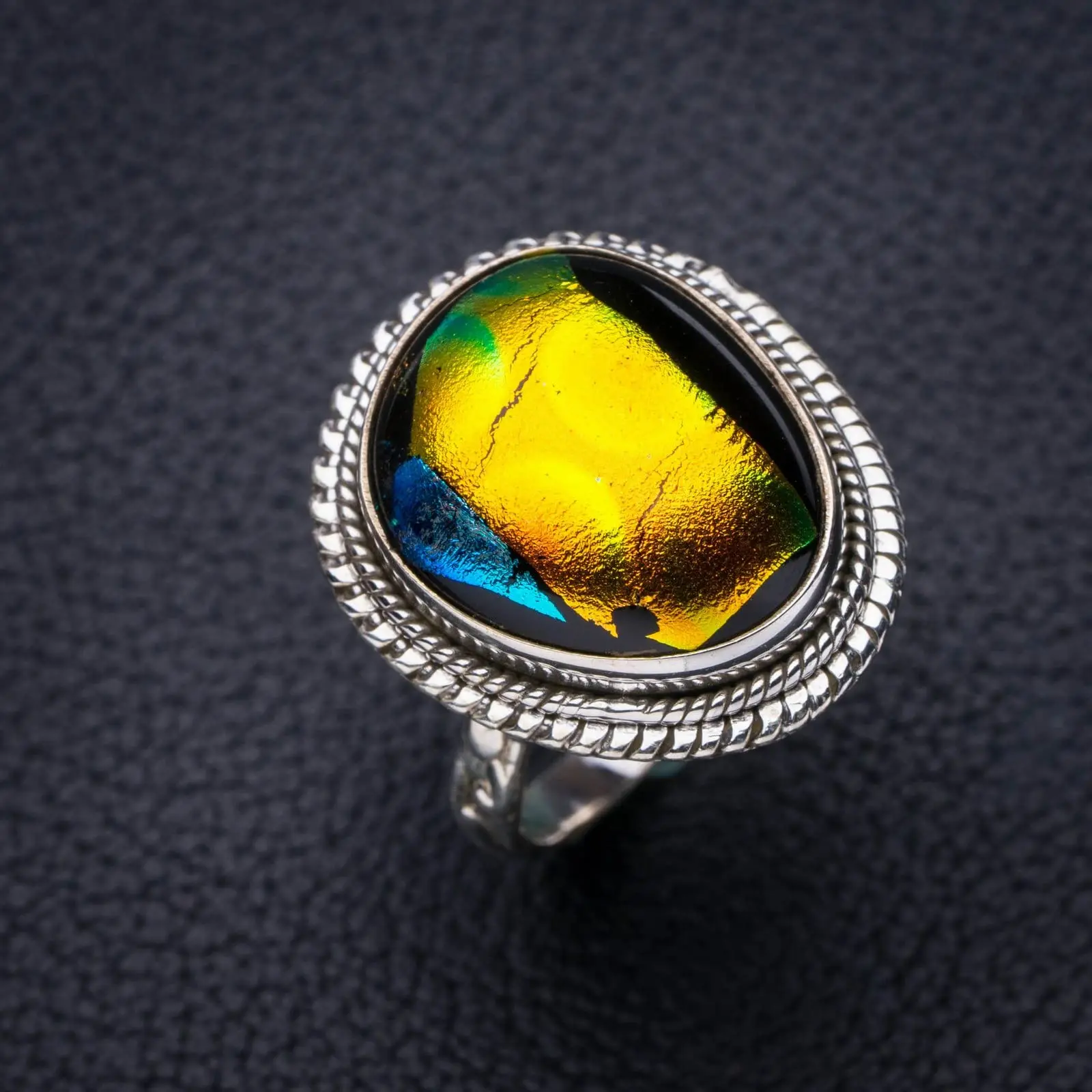 StarGems® Natural Rainbow Dichroic Glass Handmade 925 Sterling Silver Ring 9 E8240