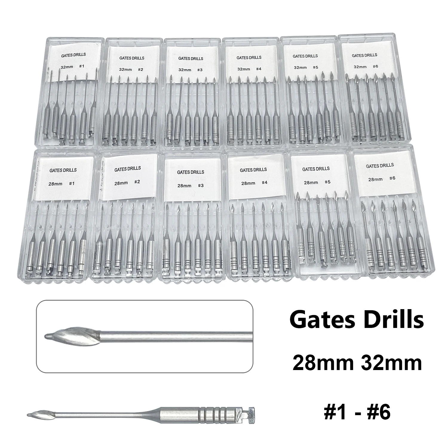 Limes endodontiques dentaires en acier inoxydable, forets de portes endodontiques, utilisation du moteur, dden foetal, distance 28mm, 32mm, #1-6, 6 pièces par paquet
