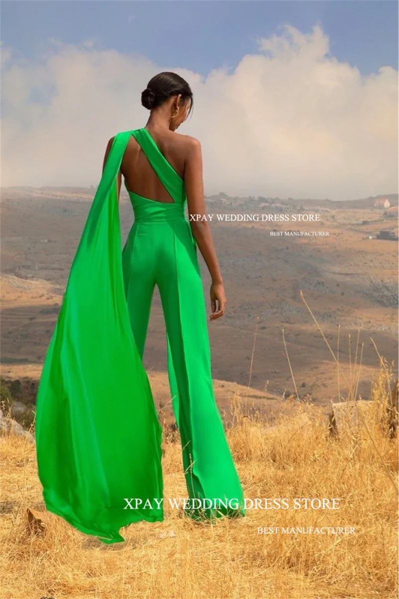 XPAY Bright Green Jumpsuit Women Garment Beach Outfit Custom Made Jersey Formal Party Evening Gowns New Modern One Shoulder