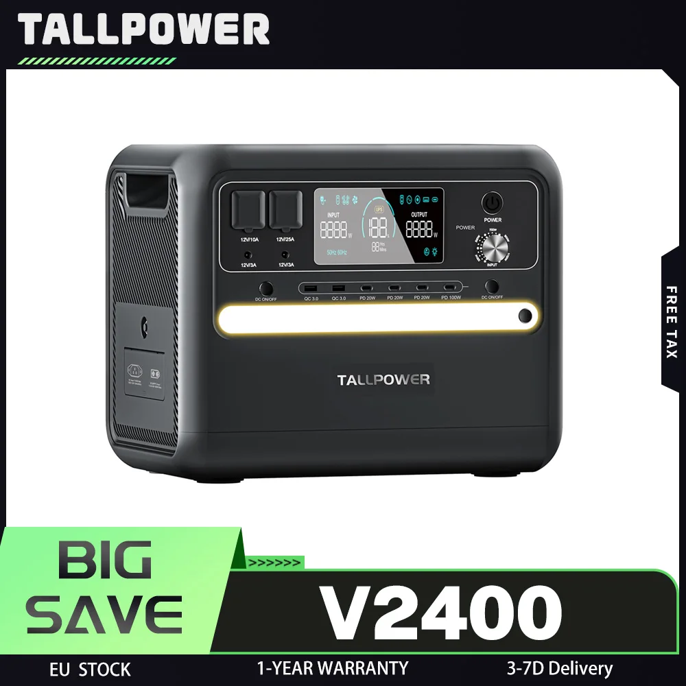Centrale électrique portable TALLPOWER V2400, générateur solaire LiFePo4 2160 Wh, sortie CA 2400 W, UPS, 13 sorties, écran LCD, coffre-fort