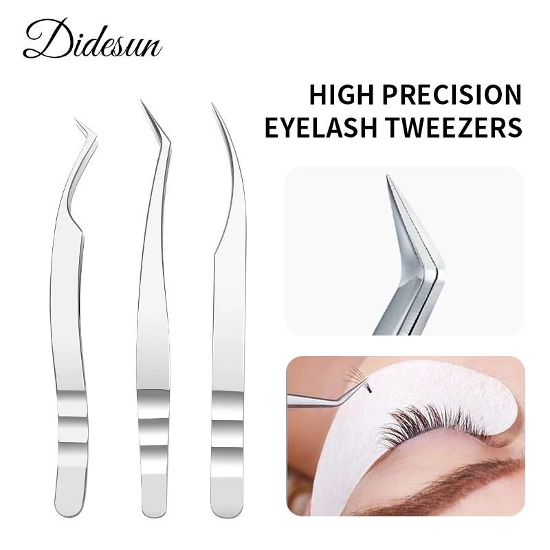 Didesun Professional Stainless Steel Eyelash Extension Tweezers Silver Fiber Tip Lash Tweezers Makeup Tools