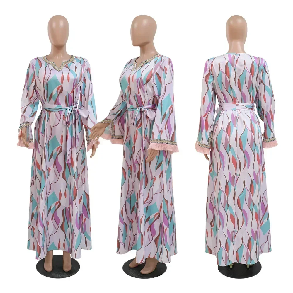 Geometric Printing Dress with Belt Muslim Colorful Diamonds Tassel Split Sleeves Abaya for Women Gown Long Robe Djellaba Kaftan