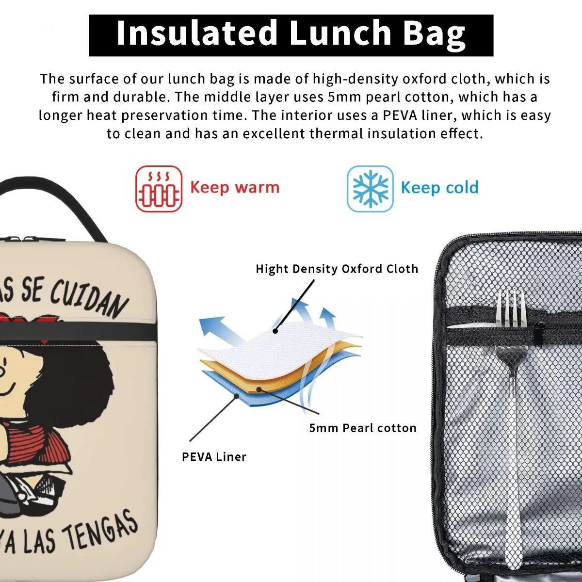 Mafalda e Flower Pot borse per il pranzo isolate termicamente per il viaggio Quino Cartoon Portable Food Bag Thermal Cooler Lunch Box