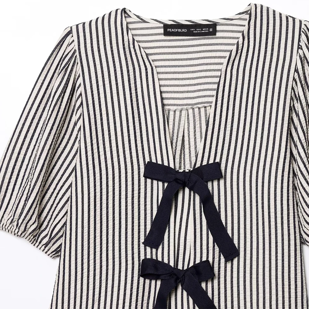 Femmes nouvelle mode été décontracté Chic rayé ample femmes Blouse col en v à lacets à manches courtes Vintage chemise en soie 1165057