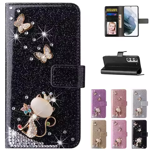 Glitter Flip Wallet Case For Samsung Galaxy S25 Ultra S24 FE S23 S22 Plus S21 S20 A14 A15 A55 A35 A34 A54 A16 A26 Leather Cover