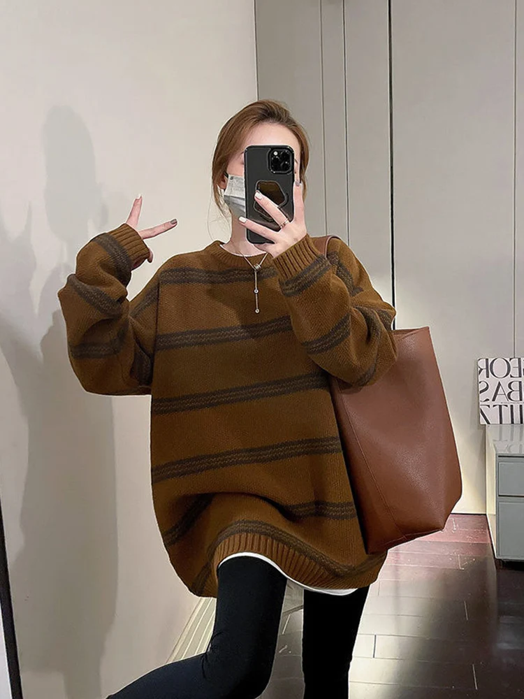 Zoki Oversize donna maglione lavorato a maglia a righe Vintage Lazy Wind Pullover Casual coreano allentato manica lunga tutto abbinato maglione