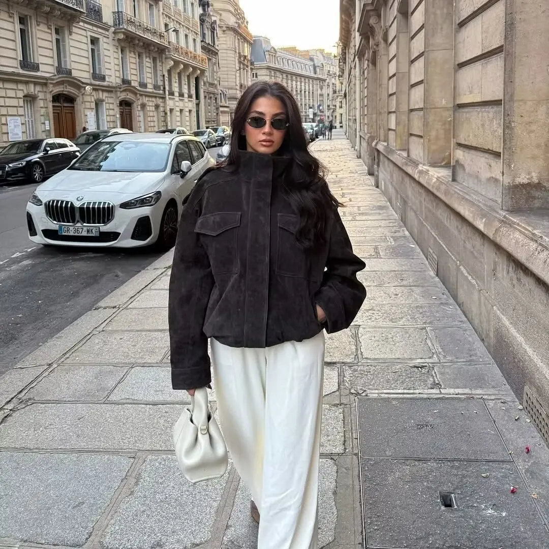 Autumn Winter New Arrival Women's Faion Versatile Faux Leather Velvet Texture Jaet Loose Fit Polyester Long Sve Zipper