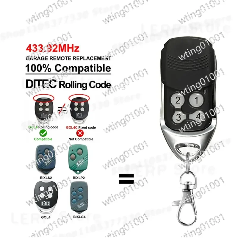 for DITEC GOL4 BIXLG4 Garage Door Remote Control 433.92MHz Rolling Code Key Fob Replacement Opener Transmitter Compatible