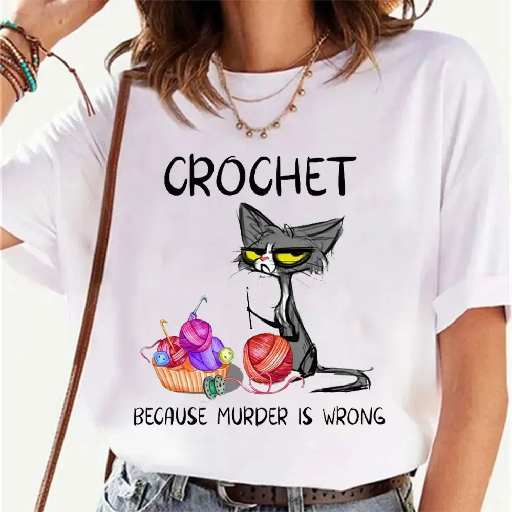 T-shirt à manches courtes au crochet pour femme, t-shirt décontracté, vêtements esthétiques, t-shirt d'été, chat, parce que le meurtre est une mauvaise attitude