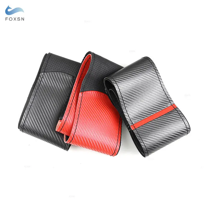 38cm Universal Hand-stitched Car-styling Interior Steering Wheel Braid Cover Carbon Fiber + Perforated Leather Splice