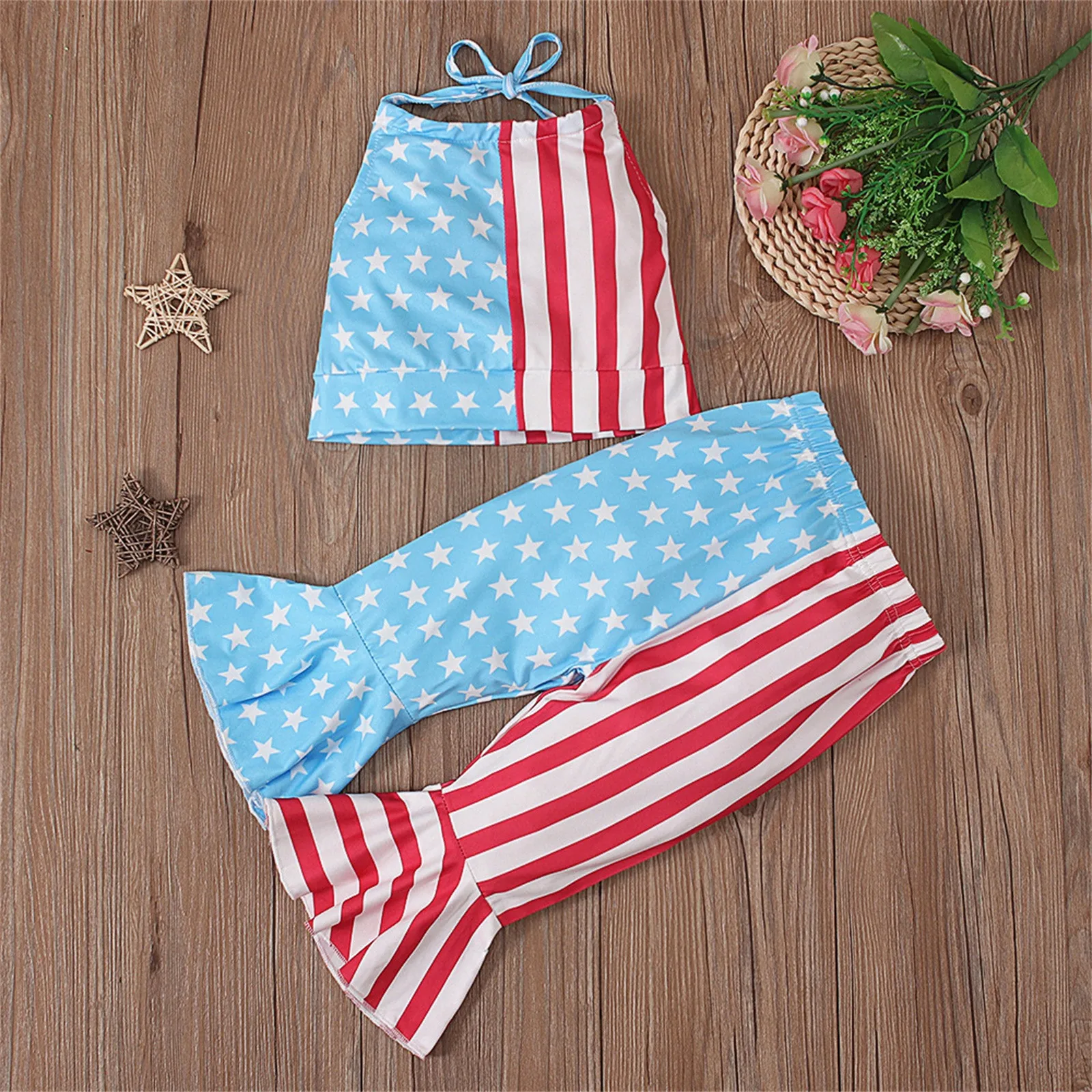 

1-6Y Independence Days Toddler Girls Clothes Sets Summer Sleeveless Stars Stripes Printed Halter Tops + Flare Pants 2Pieces Set