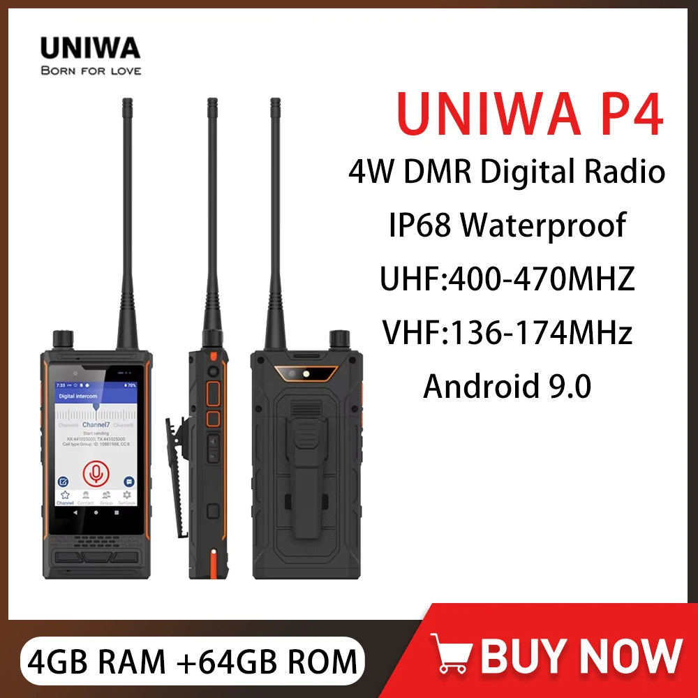 UNIWA P4 UHF/VHF 4W DMR PTT Walkie Talkie Octa Core 4GB+64GB IP68 Waterproof Mobile Phone Smartphone Android 9 NFC 3000mAh Zello