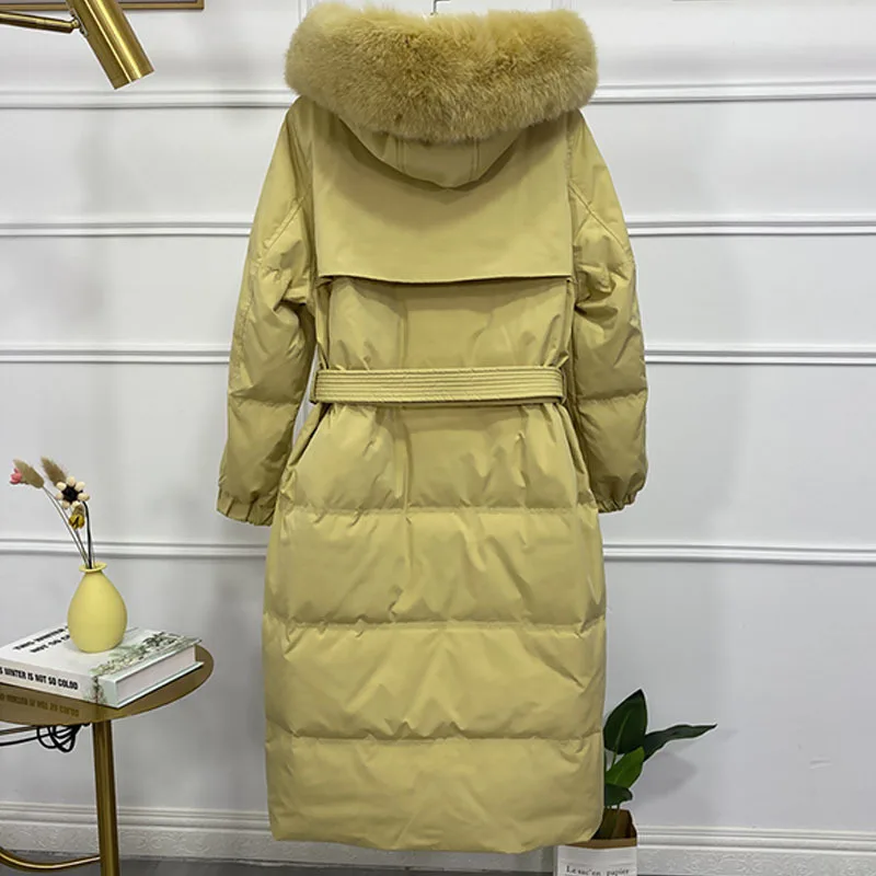 Chaqueta de plumón de pato con capucha para mujer, abrigo largo grueso, cuello de piel de zorro Real, Parkas de plumas, ropa de invierno para mujer