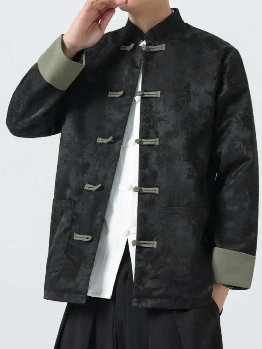 

New Chinese Sle Men's Jaet Loose Long Sve Autumn Winter Vintage Button Hanfu Outerwear Large Size Printed Stand Collar