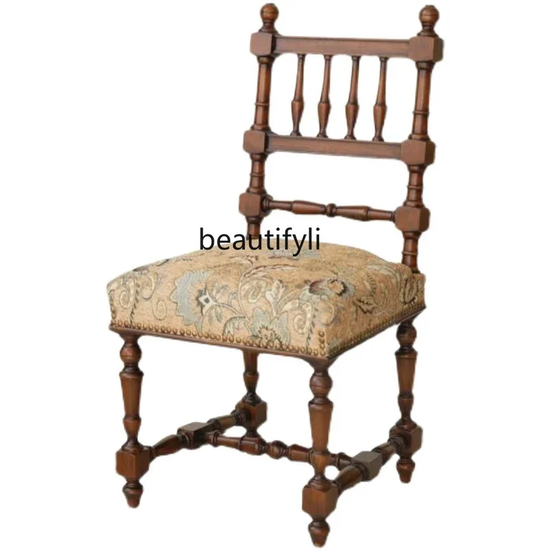 American-Style Solid Wood Mid-Ancient Dining Chair French Retro Distressed Roman Column Dressing Designer Chair