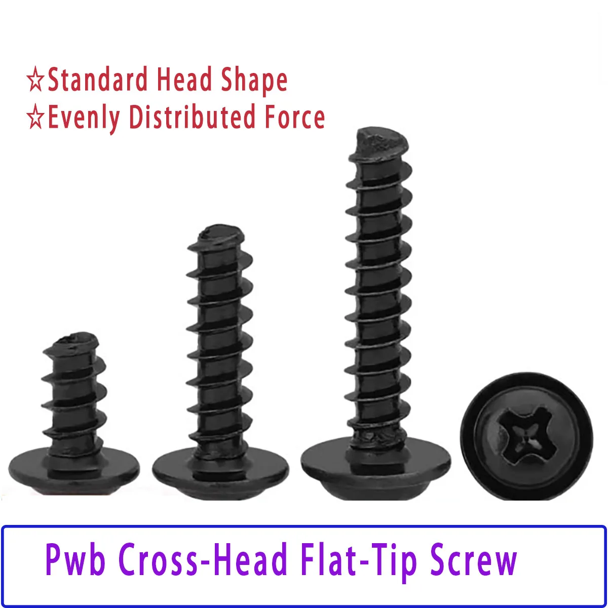 Black Plated Self Tapping Screws - Cross Pan/Round Head  With Washer Flat Tail, M1.4-M4 Assortment for PWB