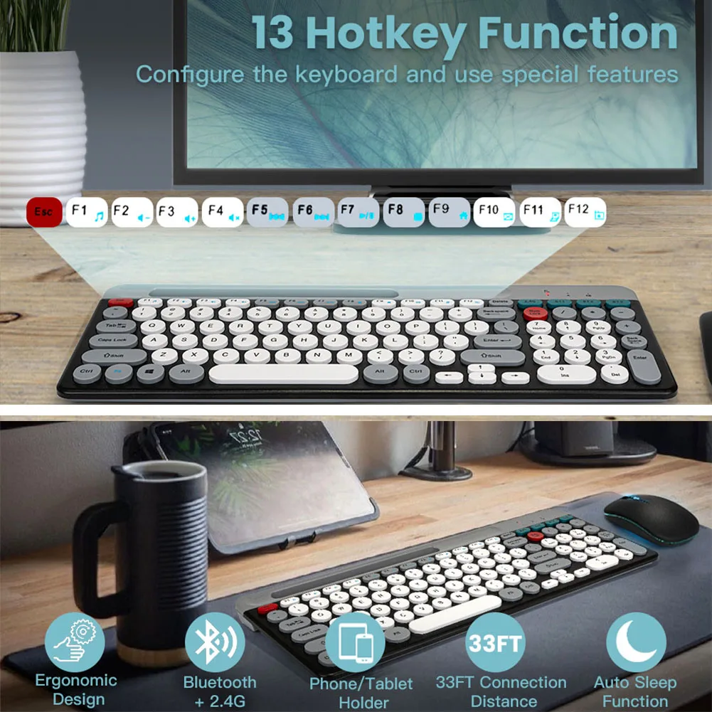 2.4Ghz BT 2 Mode Keyboard and Mouse Combo with Phone Holder BT Keyboard and Mouse BT Keyboard Mouse Set for /iOS/Android/Win7