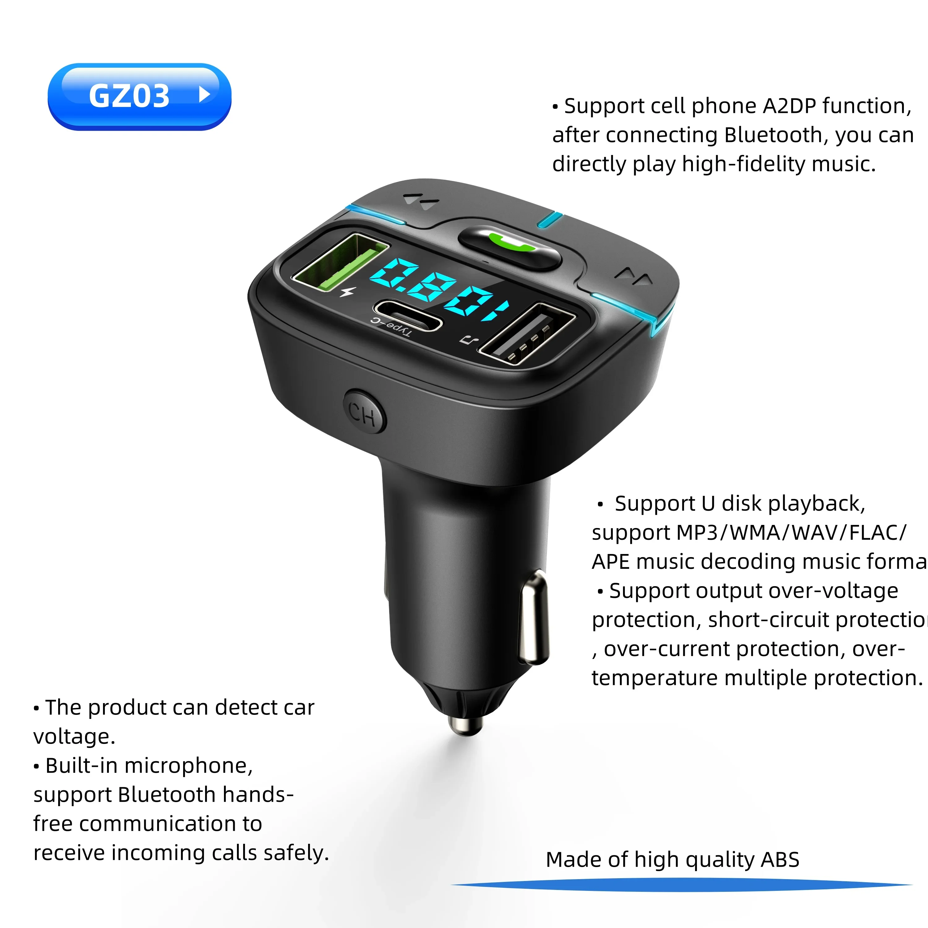 Car Bluetooth MP3 player fast charger car charger subwoofer effect ambient light display built-in microphone A2DP Functions FLAC