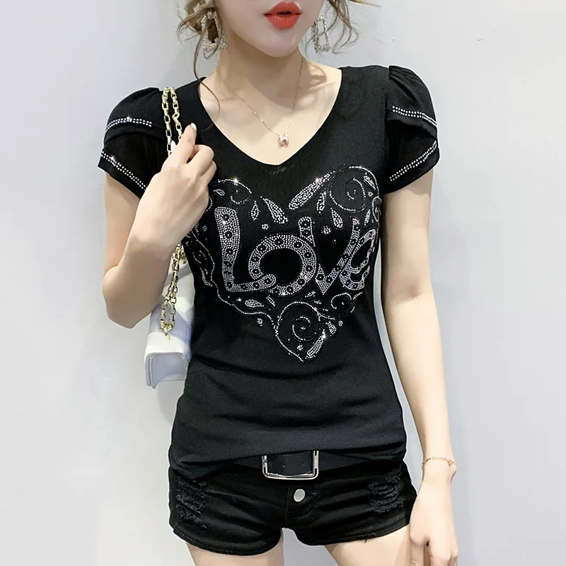 

#7111 Spliced Mesh Backless Sexy Short Sleeve T Shirt Women V-Neck Womens Tshirt With Diamonds Basic T-shirt Femme Black Blue