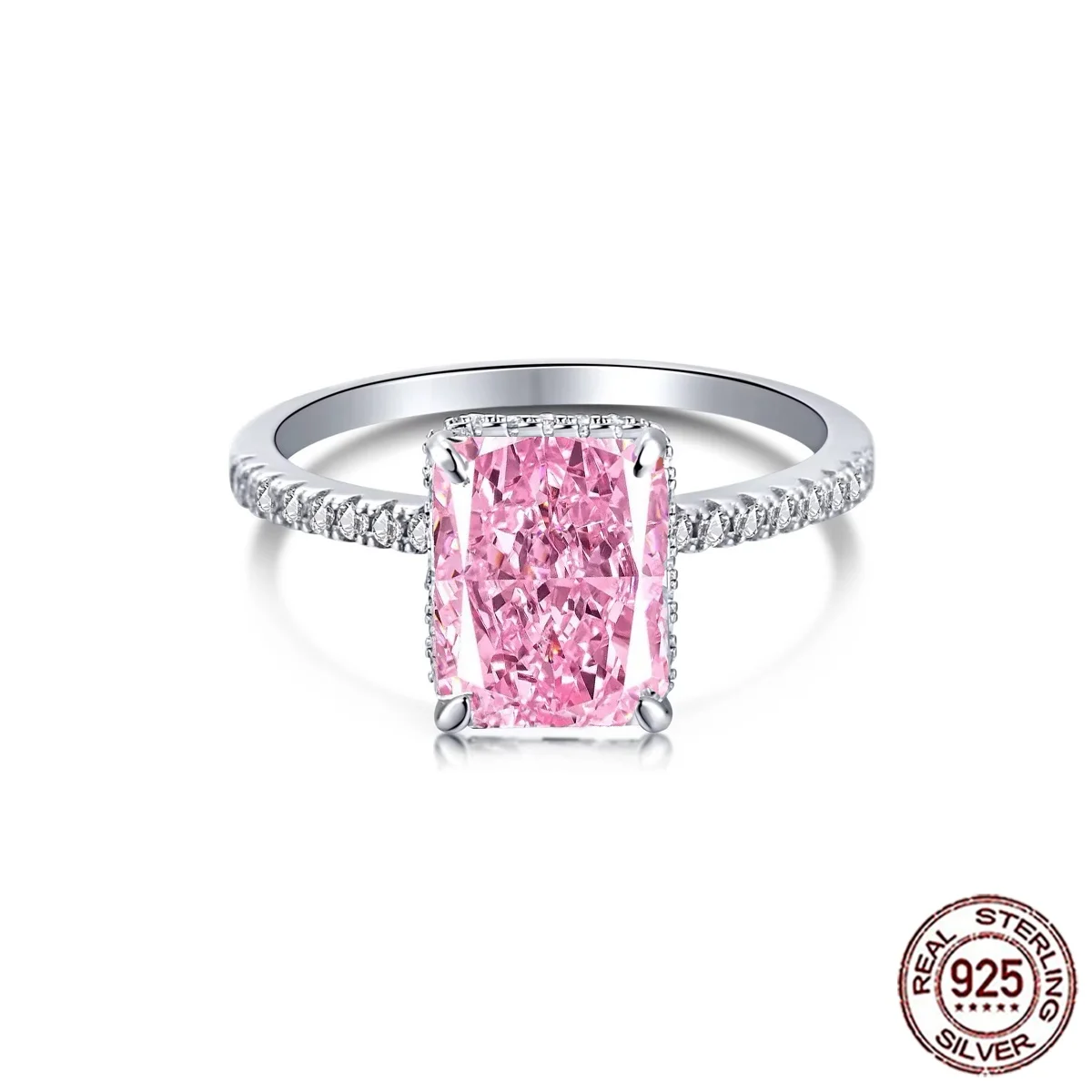QooLady Real S925 Sterling Silver Crushed Ice Cut Pink CZ Finger Ring Women Statement Engagement Promise Jewelry Gift SR100