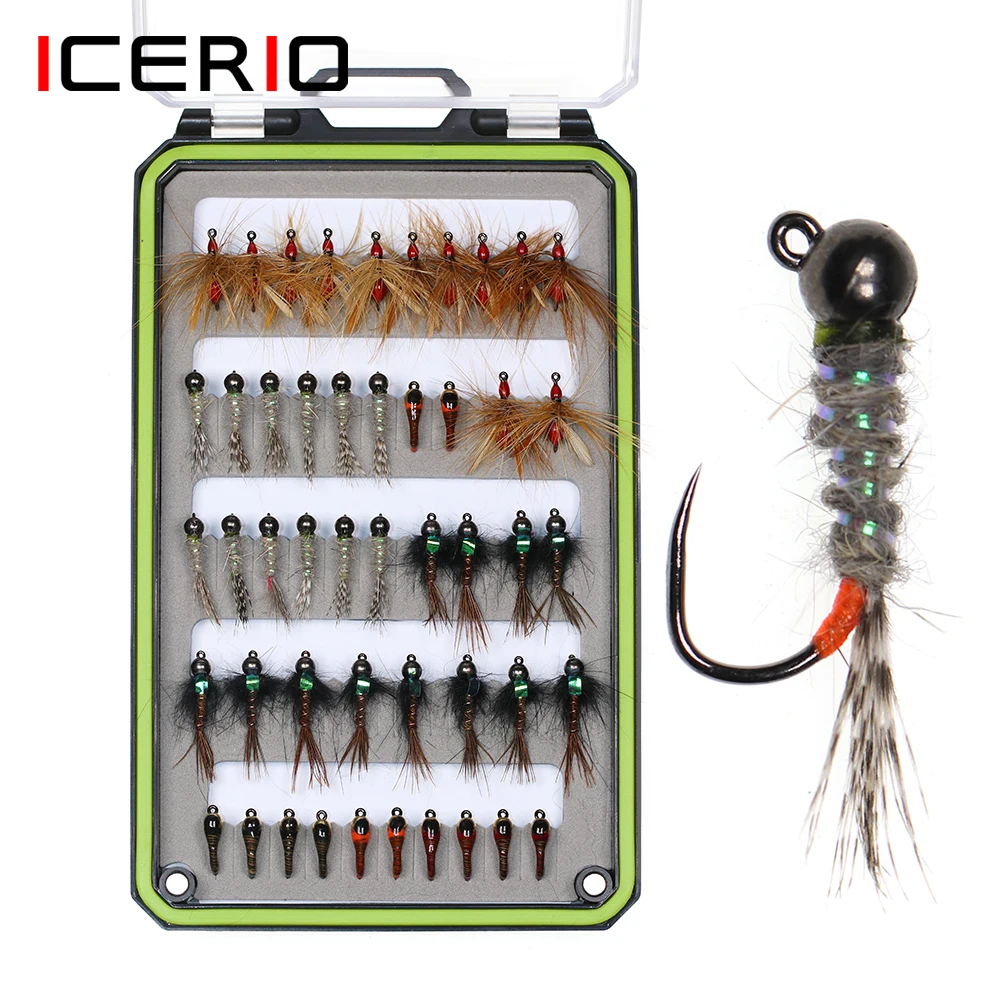 

ICERIO 48PCS Nymph Kit Tungsten/Copper Beadhead Jig Euro Nymphs Barbless Hook Perdigon Nymphs Trout Fishing Fly Lure Baits