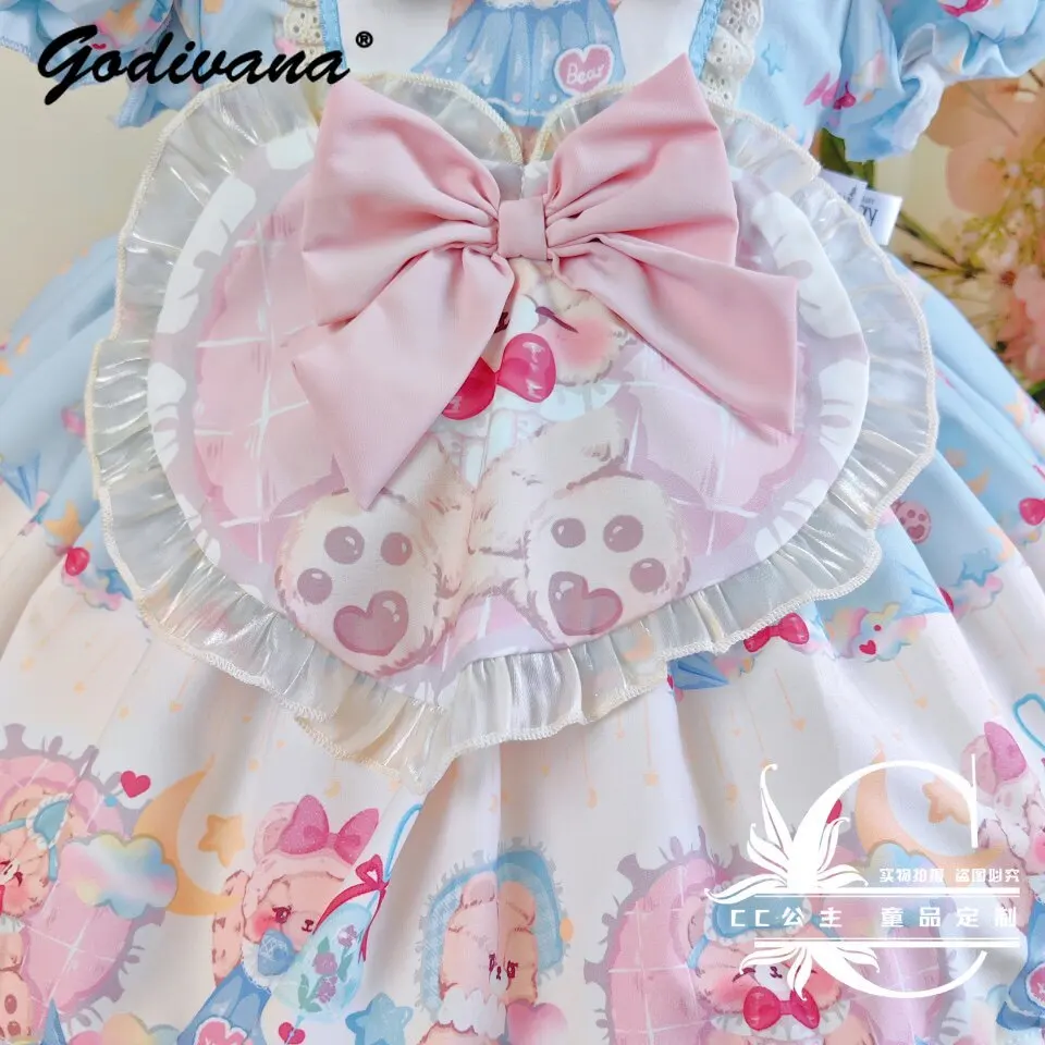 Original Cute Baby Girls Little Bear Print Lolita Princess Dress 2026 New Summer Kids Doll Collar Puff Sleeve Lace Bow Ball Gown