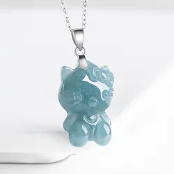 Jiale/ Hand-carved/925 Silver Inlaid Natural Blue Water Cartoon Cat Jade Necklace Pendant  Personalized Jewelry Men Women Gifts