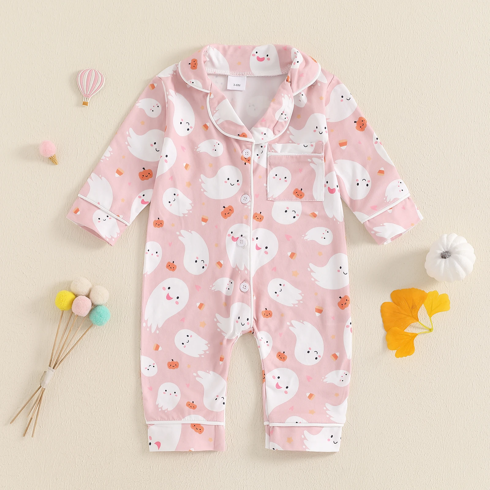 BeQeuewll Spring Fall Baby Sleepwear Halloween Infant Pajamas Romper Pumpkin Print Lapel Long Sleeve Button Down Kids Jumpsuit