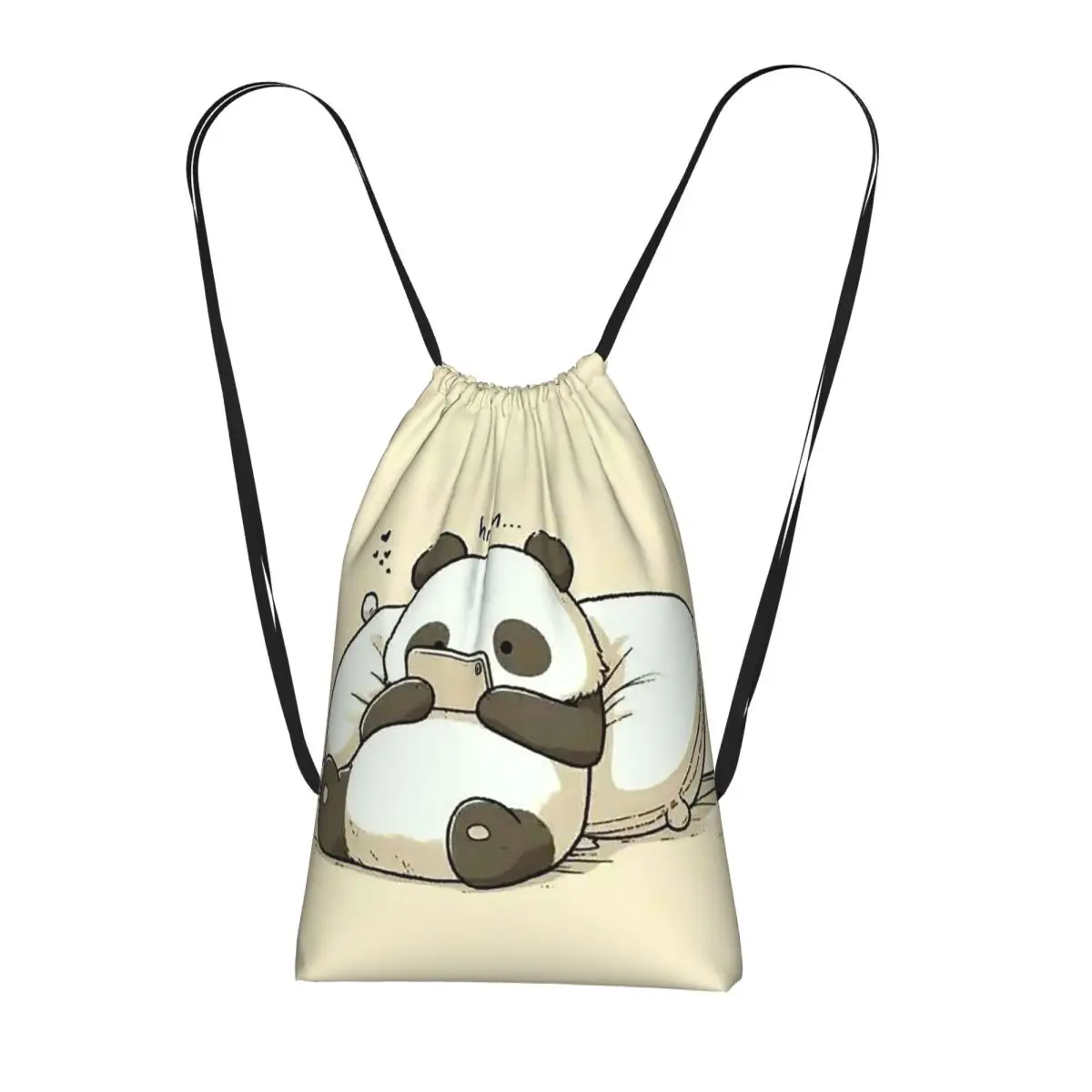 Cartoon Panda Playing With Mobile Phone Backpacks Fashion Drawstring Bundle Pocket Sundries Bag Book Bags for Man Woman Students