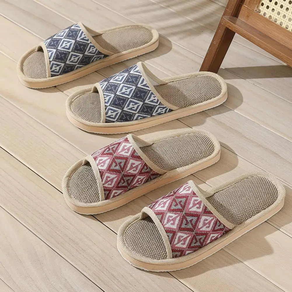 Four Season Couple's Multicolor Linen Slippers Women Indoor Striped Non-Slip Sandals Men Comfort Indoor Floor Breathable Slides