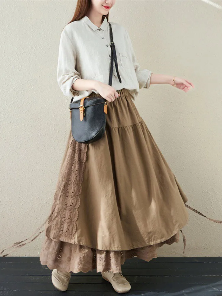 Women's Elastic Waistband A-line Skirt Linen Lining Heavy Industry Embroidery Harajuku Style Japanese Lace Up Skirt Wholesale