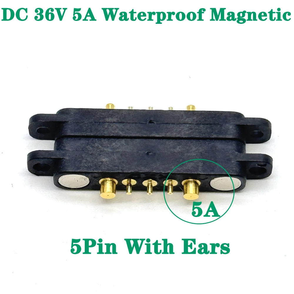 1sets DC 36V 5A Waterproof Magnetic Pogo Pin Connector 5Pin With Ears Pogopin Male Female Spring Loaded DC Power Socket