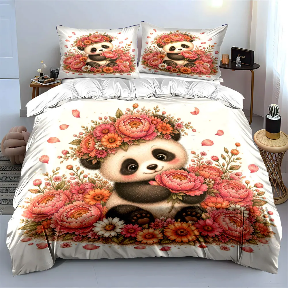 Cute panda surrounded by flowers cartoon Duvet Cover Set with 3D Printing Design Soft Polyester Bedding Set All-Season Comfort