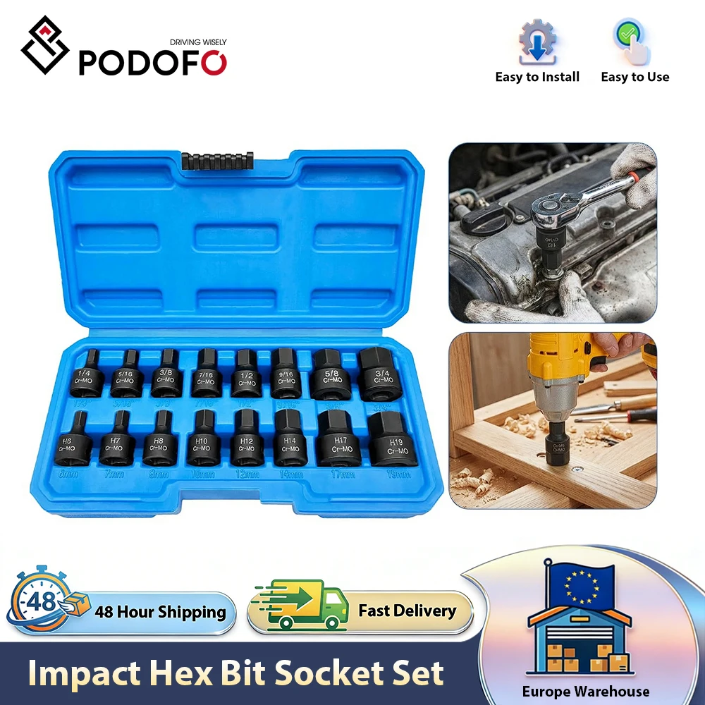 Podofo Juego de 16 Piezas de Herramientas de Reparación de 3/8 Pulgadas, Juego de Llaves de Tubo Hexagonales de 6 mm a 19 mm para Reparación y Mantenimiento de Automóviles