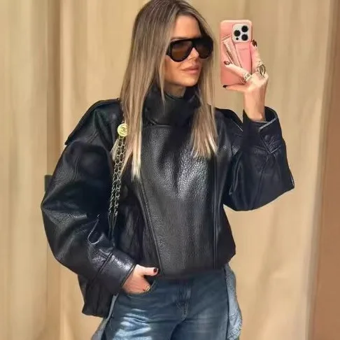 KIDCRKJ 하이스트리트 여성용 봄 봄버 코트 블랙 스탠드 칼라 인조 가죽 아우터 여성용 미니멀리스트 모터사이클 재킷