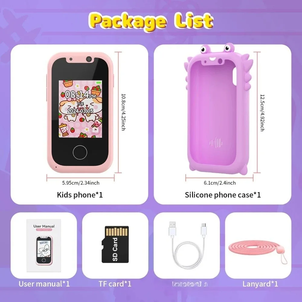Juguete de teléfono inteligente con pantalla táctil de 2,4 pulgadas para niños, con cámara dual de 1080P, tarjeta SD y 13 juegos, regalo morado con temática de unicornio, ideal para el aprendizaje divertido de los niños pequeños, juegos de simulación y exploración segura con la cámara en casa o de viaje